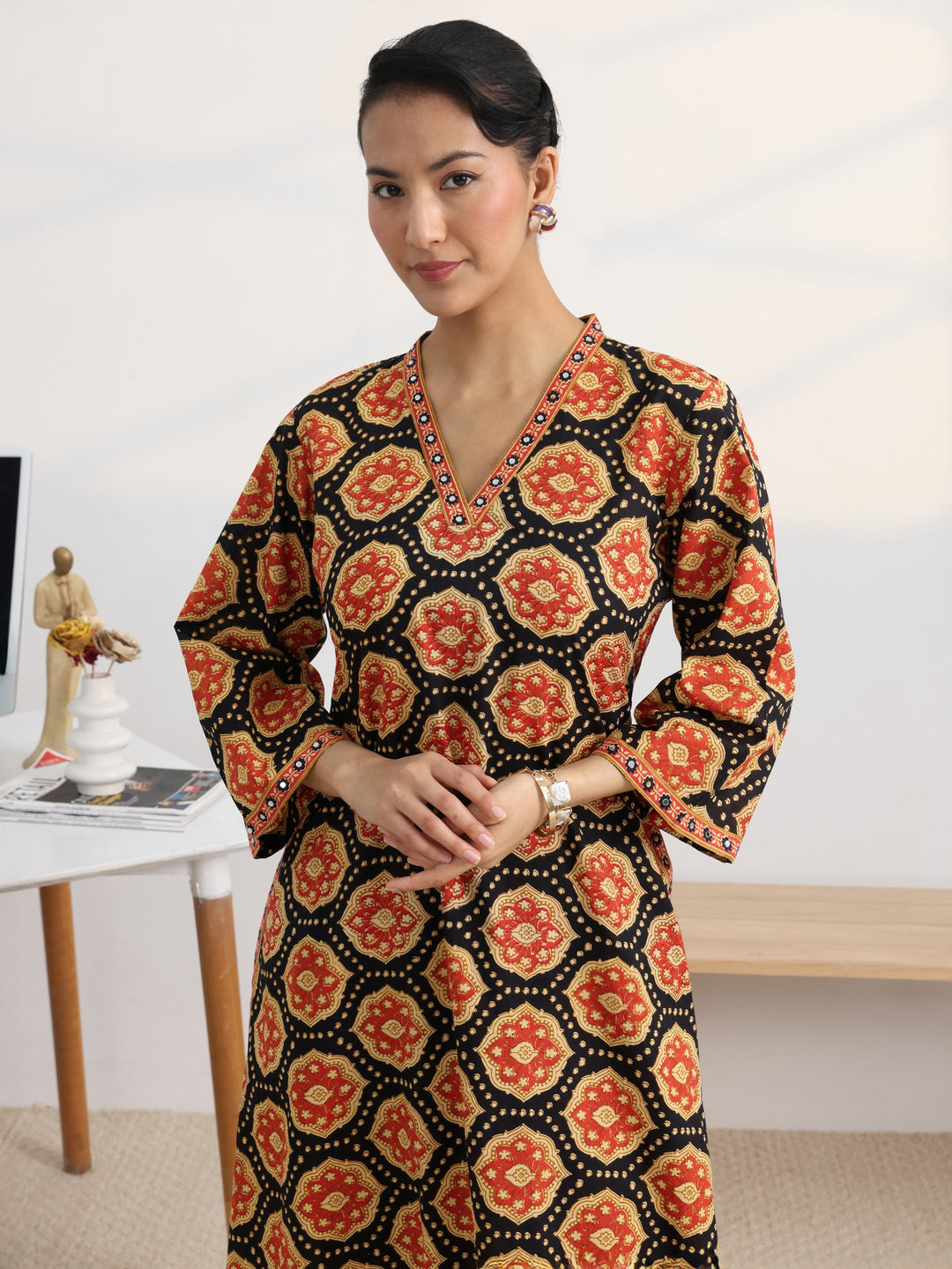 Black Floral Printed Cotton Blend A-Line Kurta Set