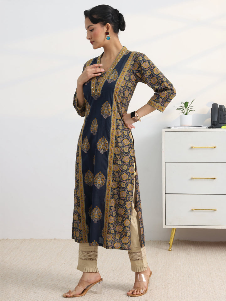 Blue Printed Cotton Blend Straight Kurta