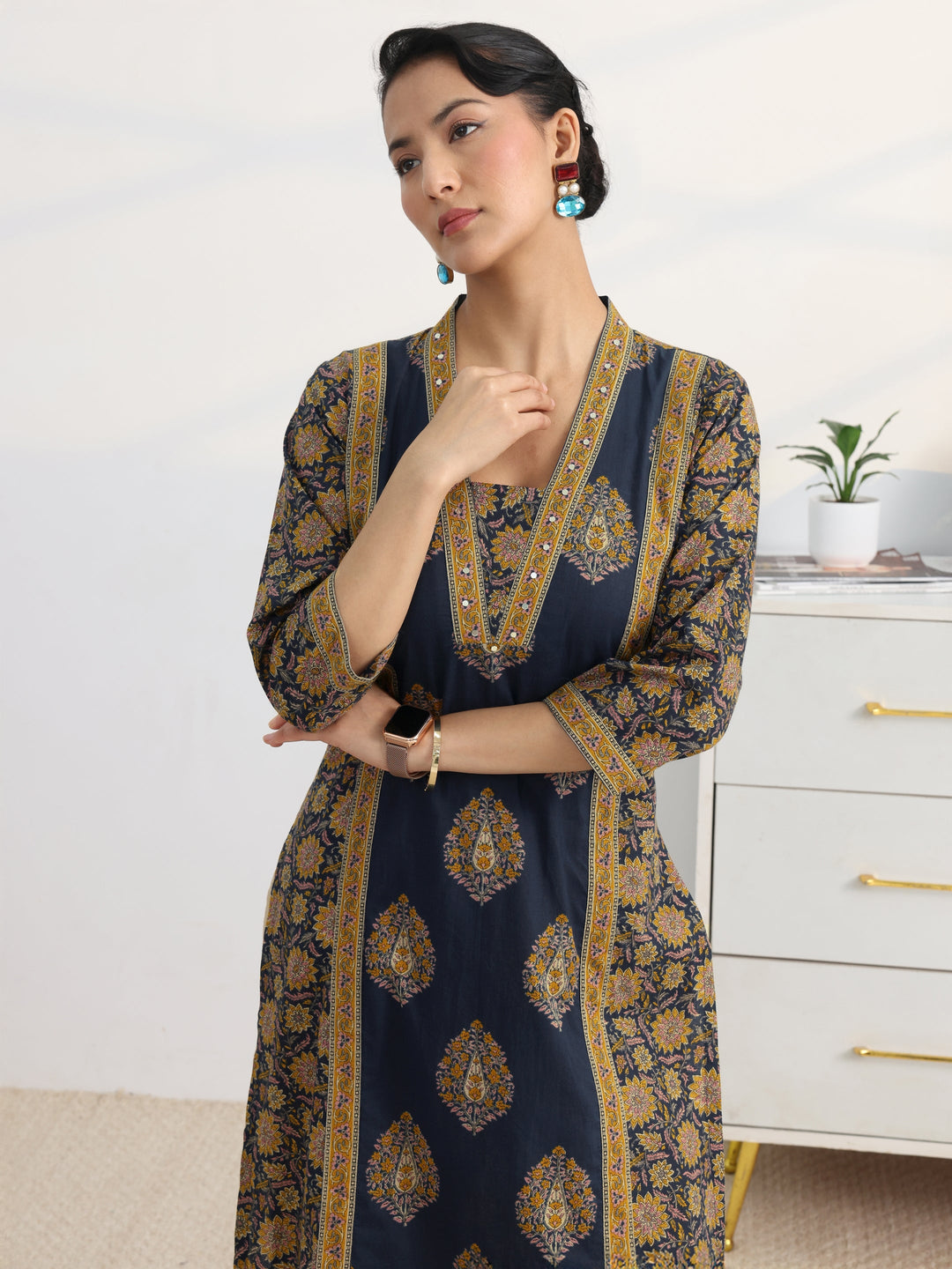 Blue Printed Cotton Blend Straight Kurta