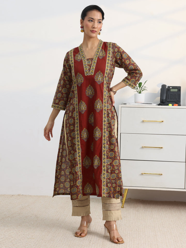 Maroon Floral Printed Cotton Blend Straight Kurta