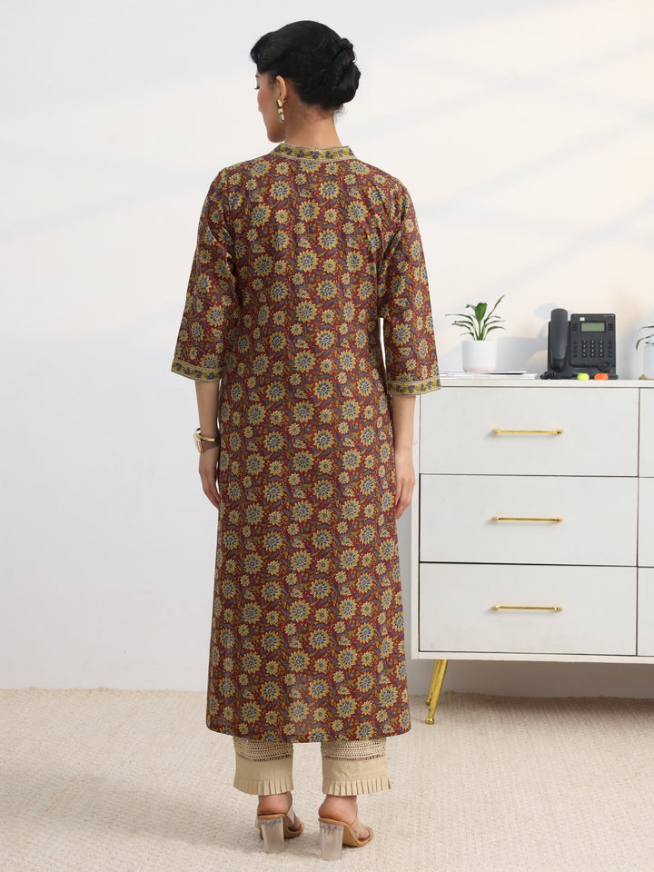 Maroon Floral Printed Cotton Blend Straight Kurta