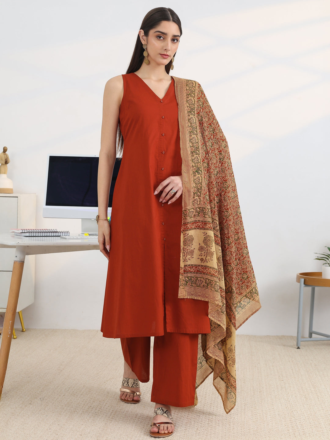 Rust Solid Cotton Blend A-Line Suit Set With Dupatta