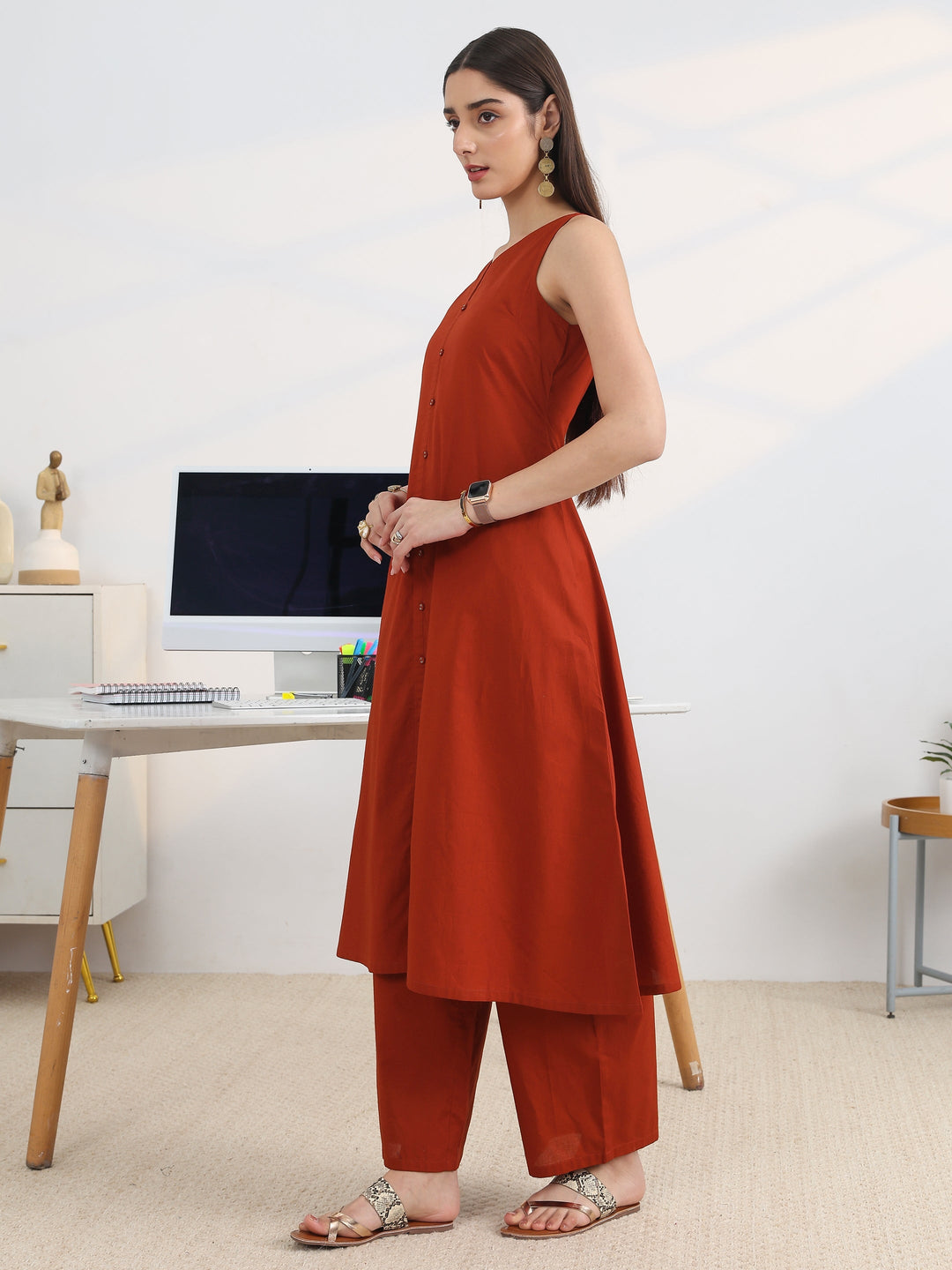 Rust Solid Cotton Blend A-Line Suit Set With Dupatta