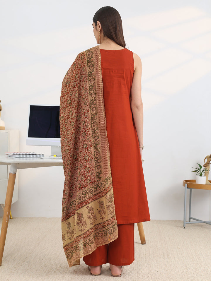 Rust Solid Cotton Blend A-Line Suit Set With Dupatta