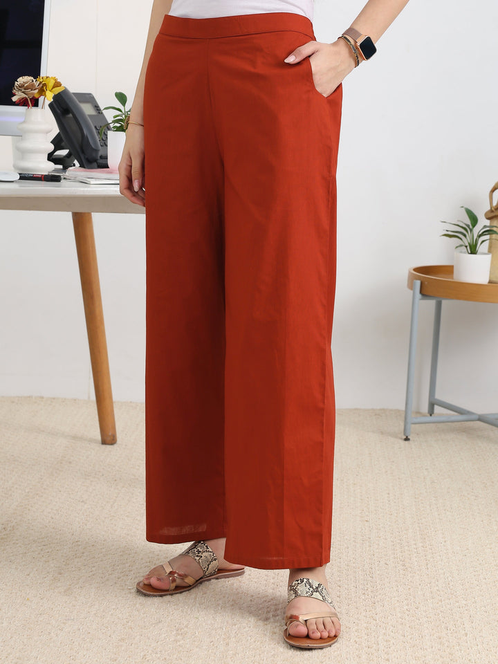 Rust Solid Cotton Blend A-Line Suit Set With Dupatta