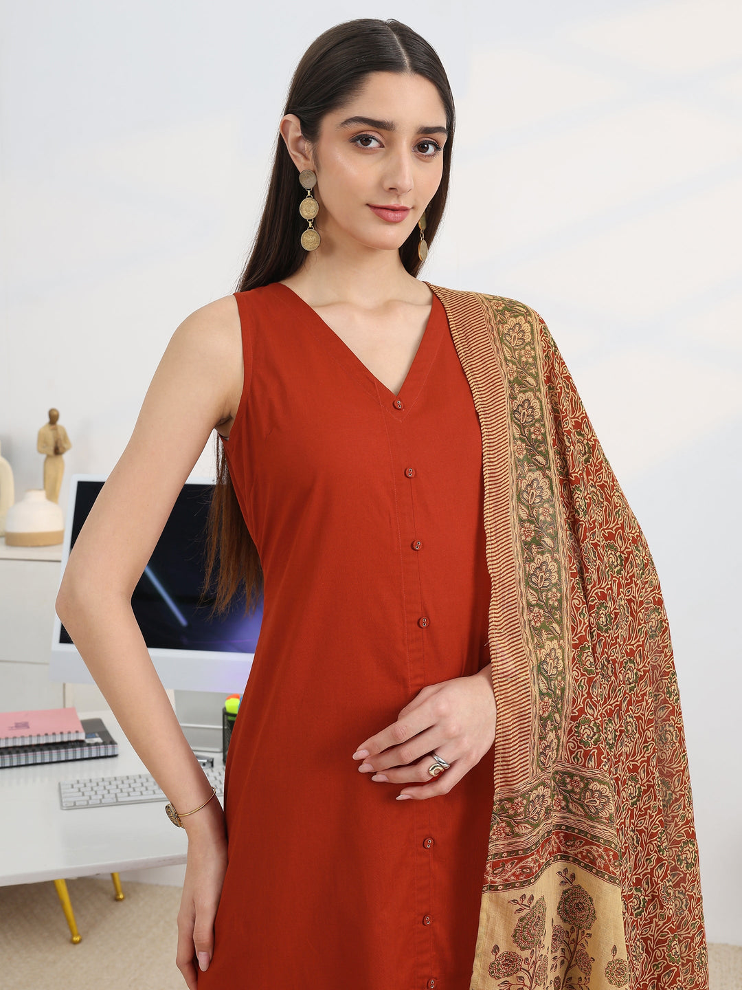 Rust Solid Cotton Blend A-Line Suit Set With Dupatta
