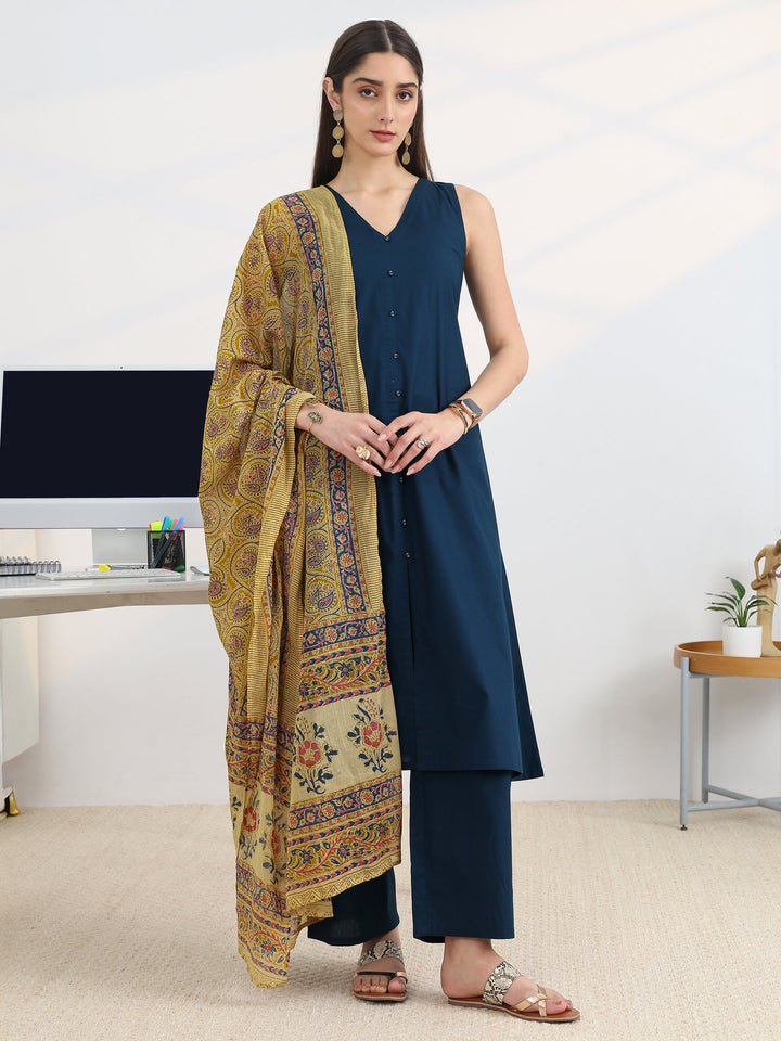 Navy blue Solid Cotton Blend A-Line Suit Set With Dupatta