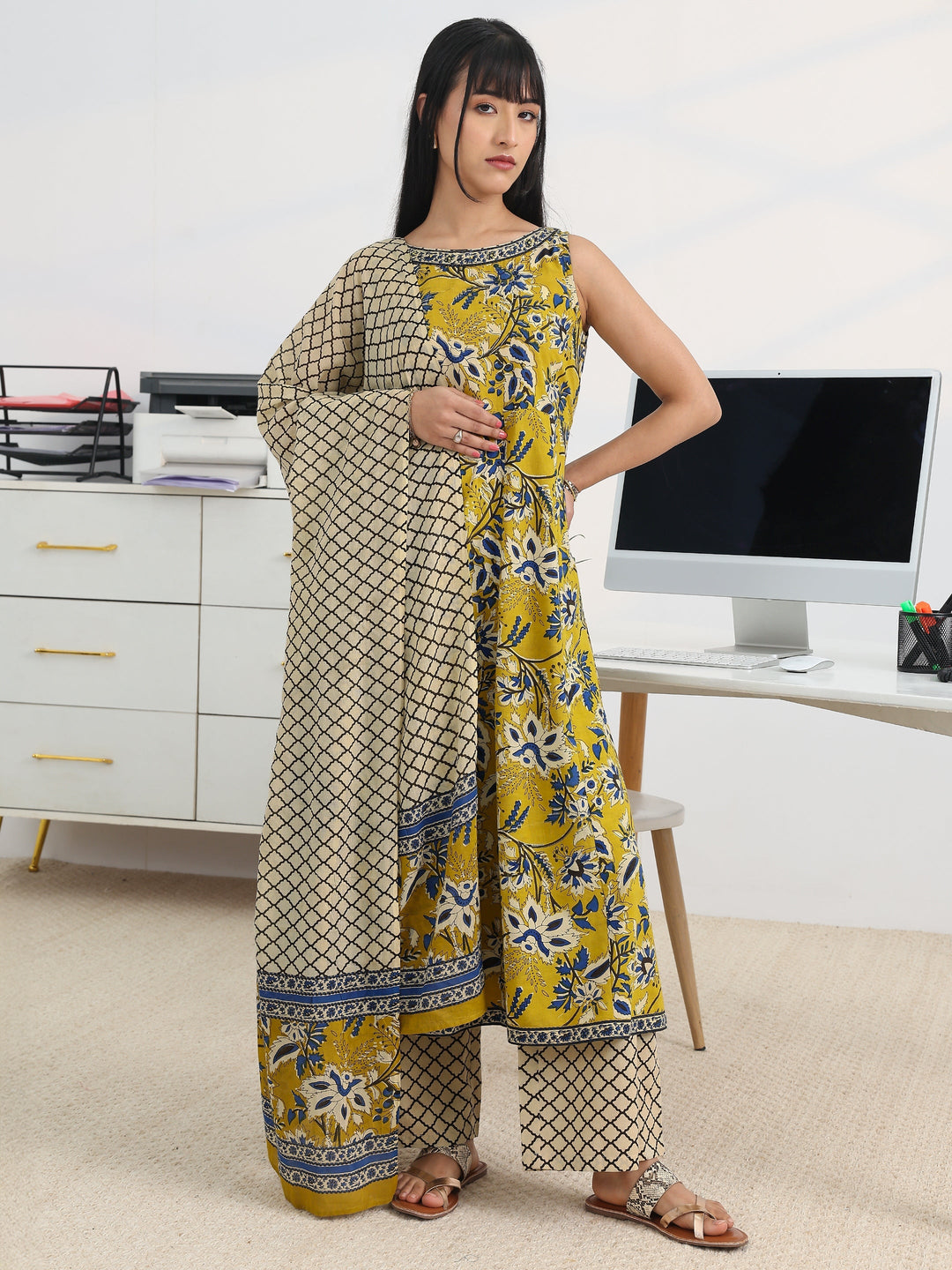 Yellow Printed Cotton Blend Anarkali Suit Set With Dupatta