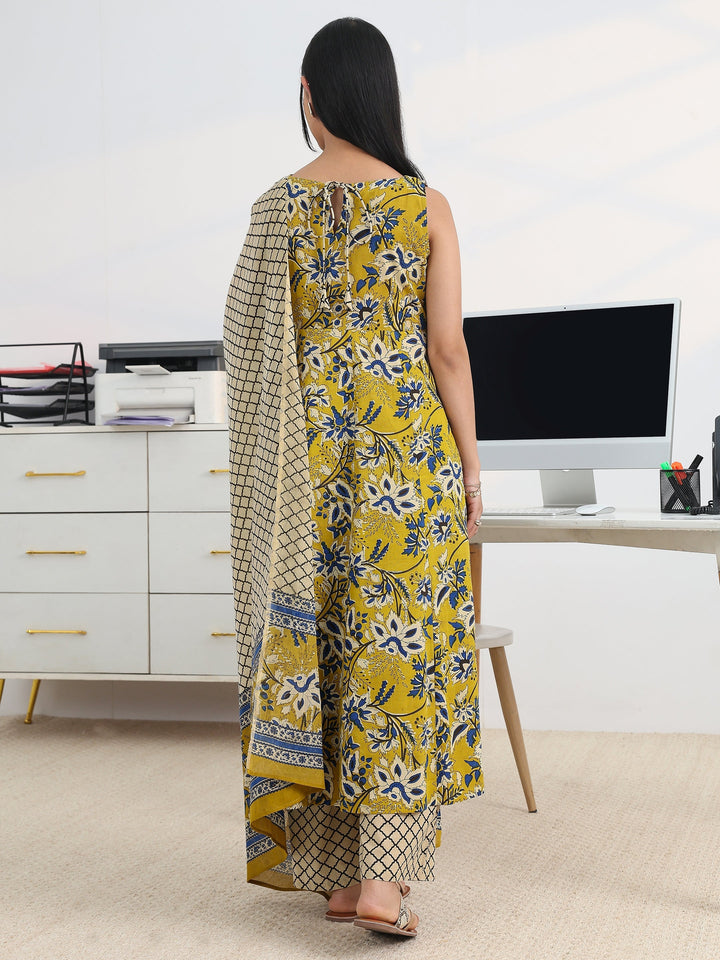 Yellow Printed Cotton Blend Anarkali Suit Set With Dupatta
