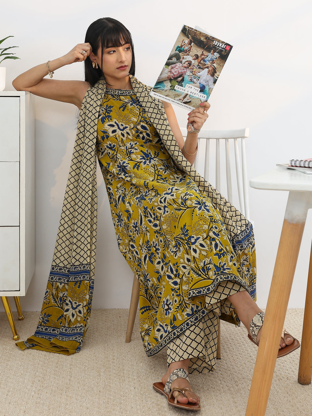 Yellow Printed Cotton Blend Anarkali Suit Set With Dupatta