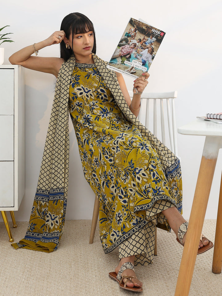Yellow Printed Cotton Blend Anarkali Suit Set With Dupatta