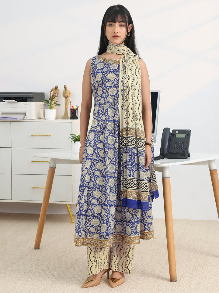 Blue Printed Cotton Blend Anarkali Suit Set With Dupatta