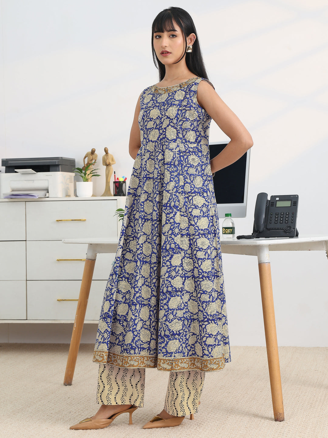 Blue Printed Cotton Blend Anarkali Suit Set With Dupatta