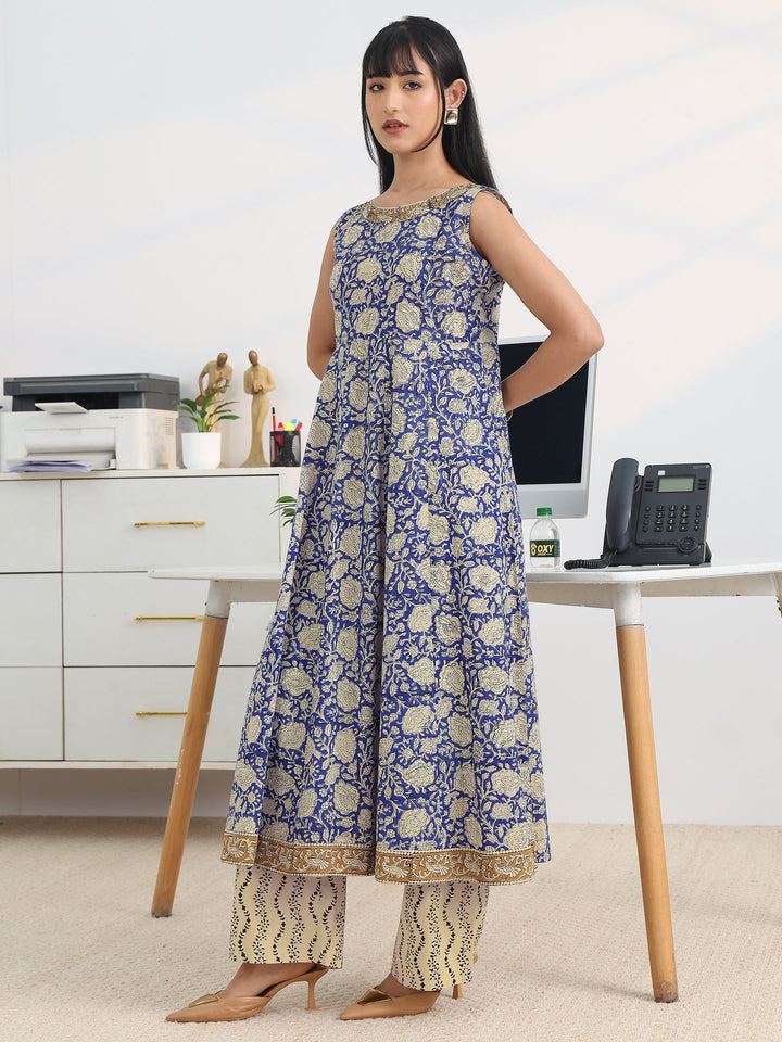 Blue Printed Cotton Blend Anarkali Suit Set With Dupatta