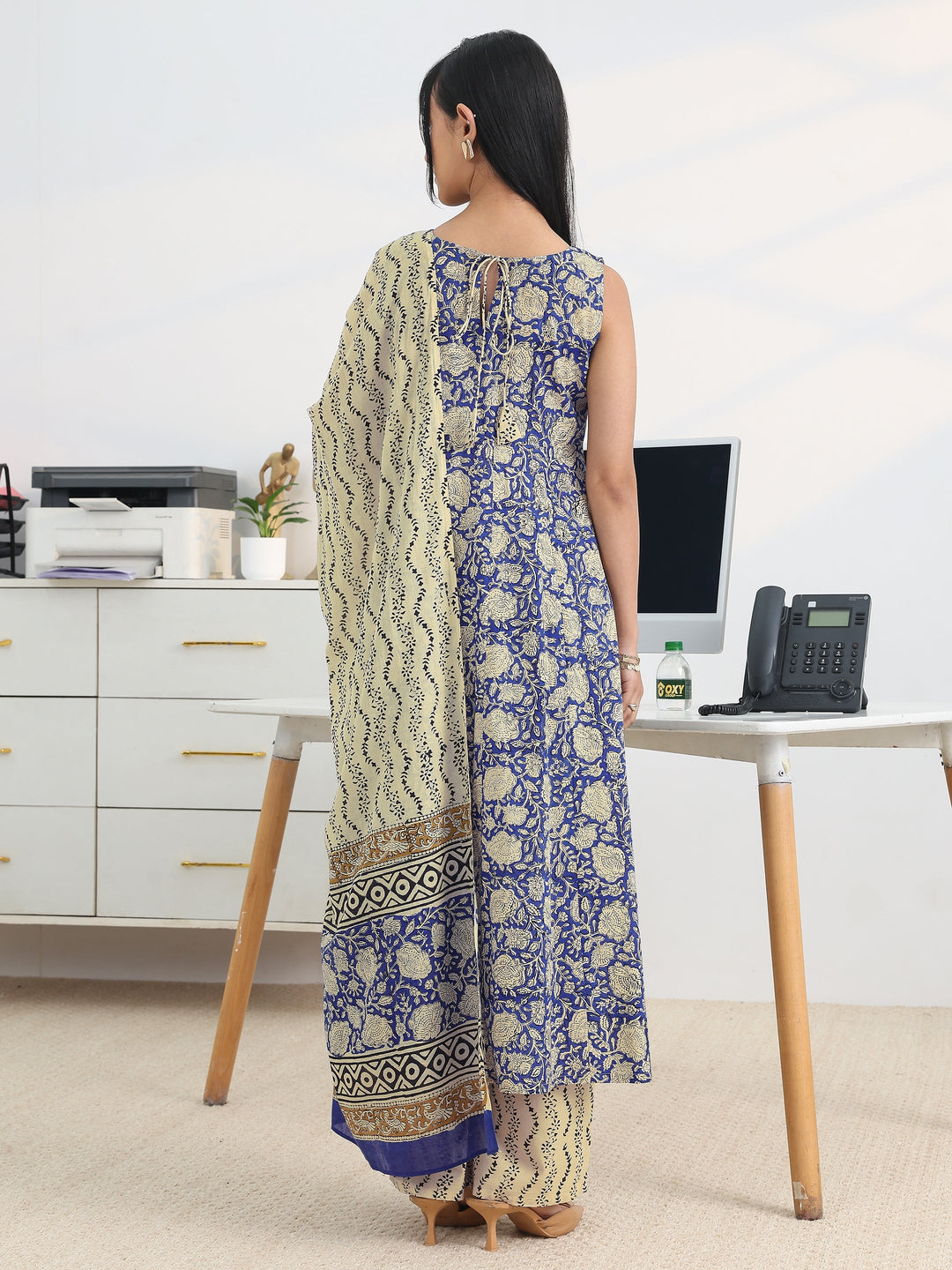 Blue Printed Cotton Blend Anarkali Suit Set With Dupatta