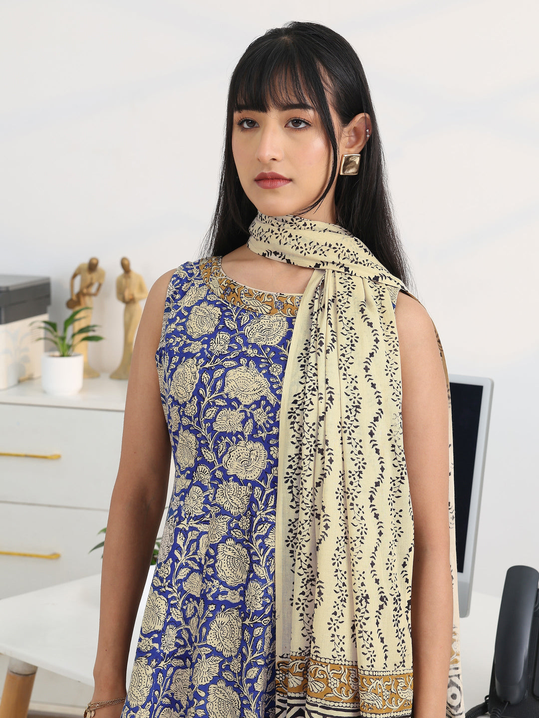 Blue Printed Cotton Blend Anarkali Suit Set With Dupatta