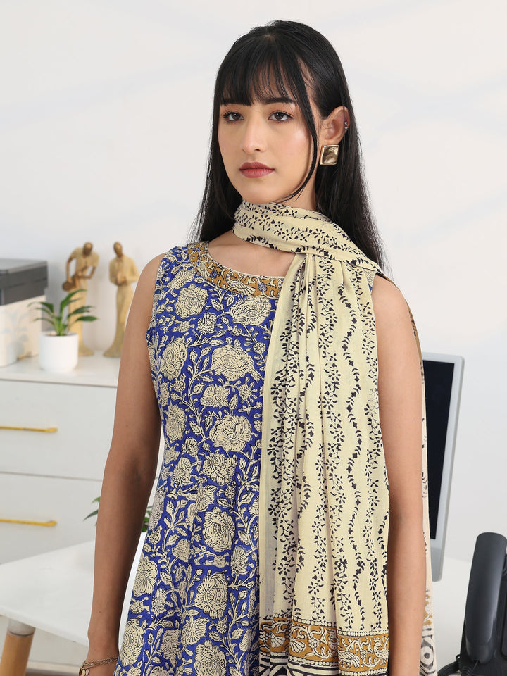 Blue Printed Cotton Blend Anarkali Suit Set With Dupatta