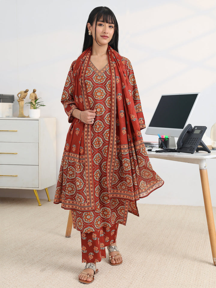 Rust Printed Cotton Blend Straight Suit Set With Dupatta