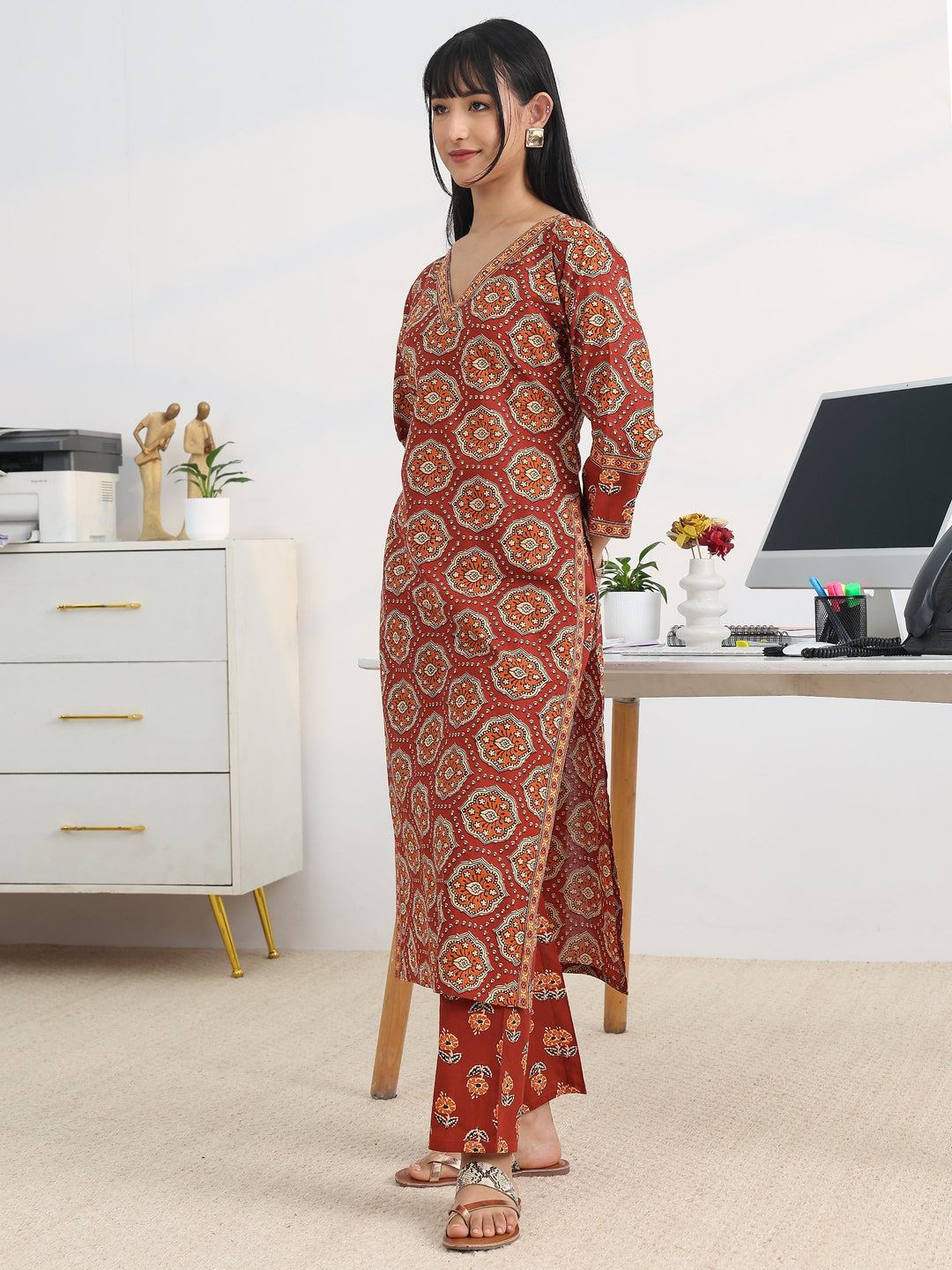 Rust Printed Cotton Blend Straight Suit Set With Dupatta