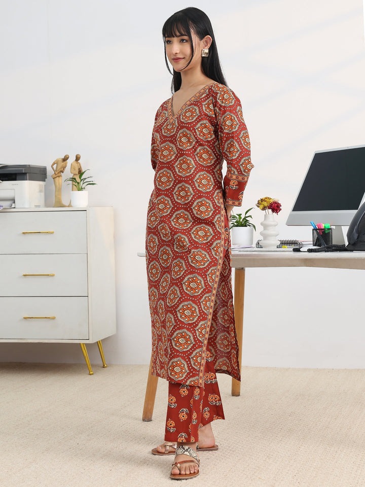 Rust Printed Cotton Blend Straight Suit Set With Dupatta