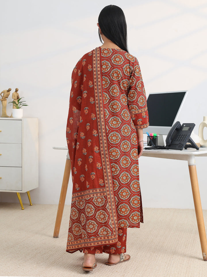 Rust Printed Cotton Blend Straight Suit Set With Dupatta