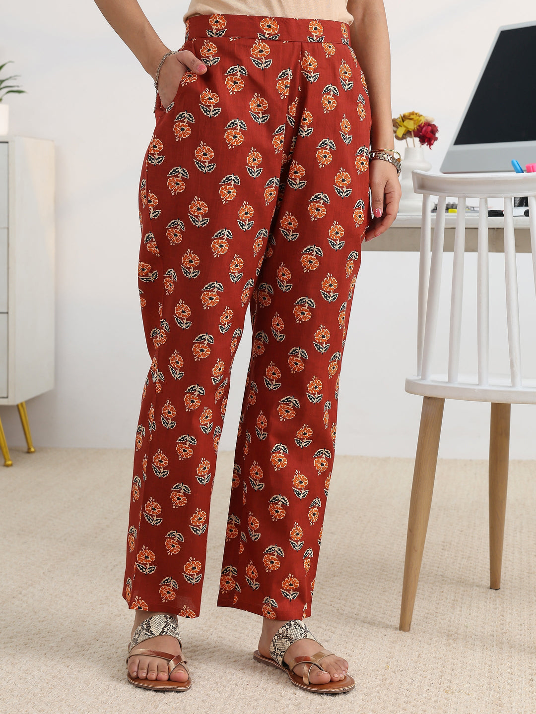 Rust Printed Cotton Blend Straight Suit Set With Dupatta