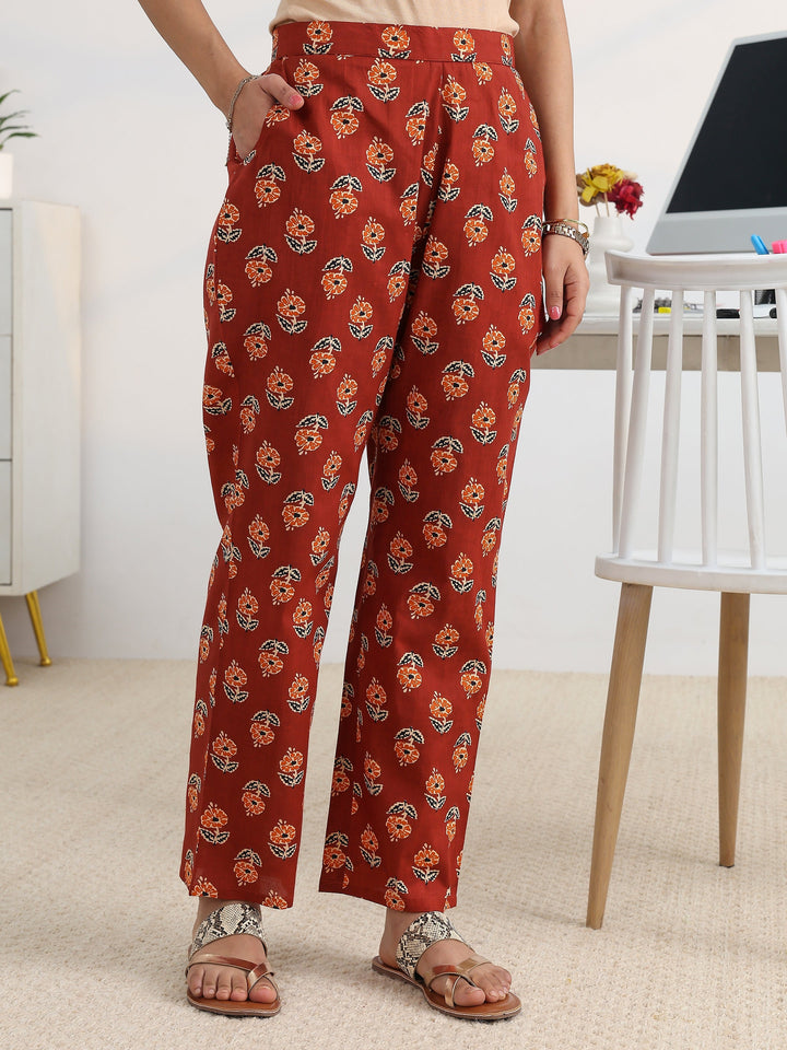 Rust Printed Cotton Blend Straight Suit Set With Dupatta