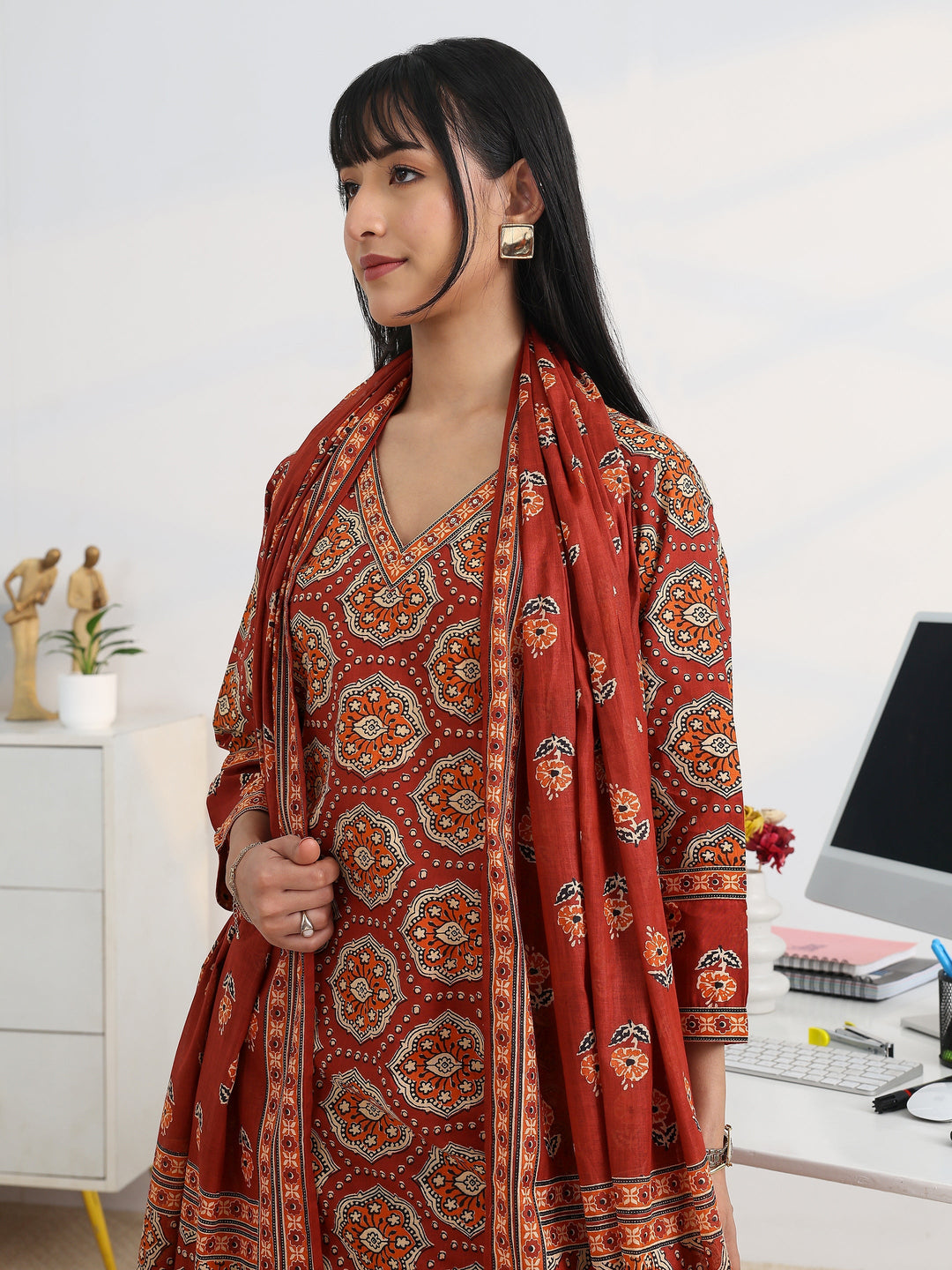 Rust Printed Cotton Blend Straight Suit Set With Dupatta