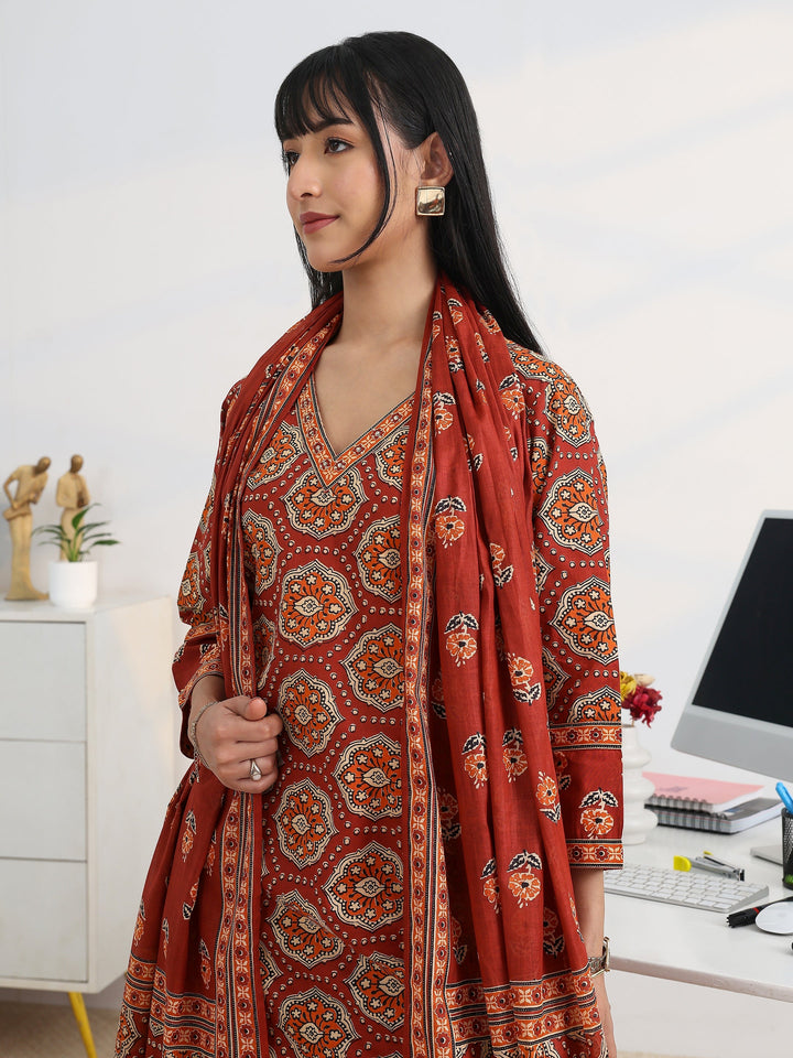 Rust Printed Cotton Blend Straight Suit Set With Dupatta