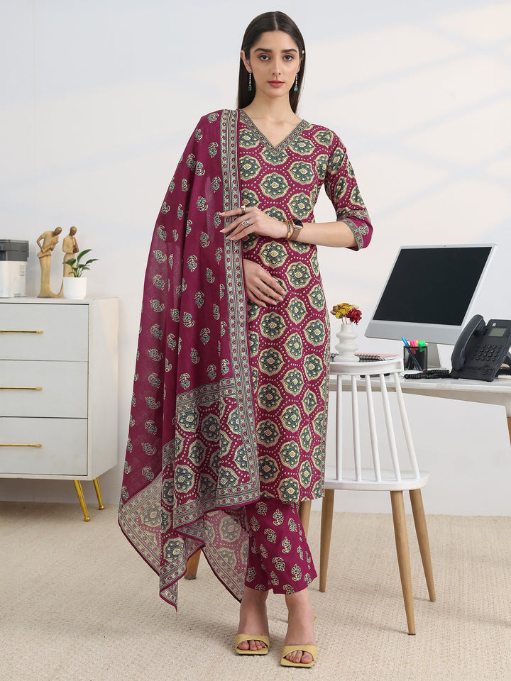 Burgundy Printed Cotton Blend Straight Suit Set With Dupatta