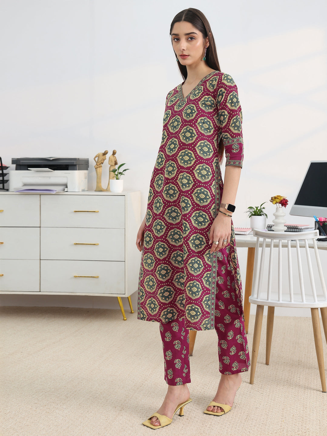 Burgundy Printed Cotton Blend Straight Suit Set With Dupatta