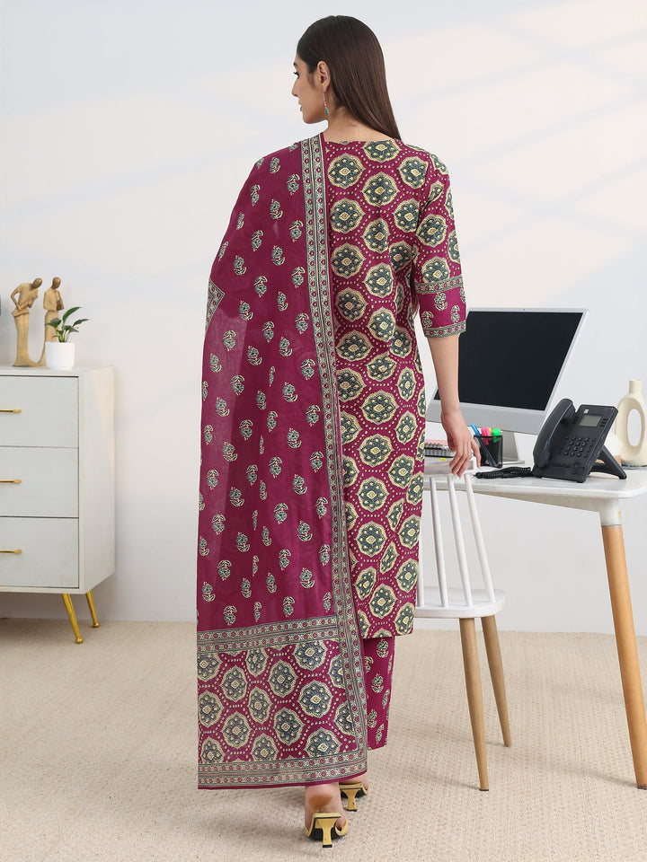 Burgundy Printed Cotton Blend Straight Suit Set With Dupatta