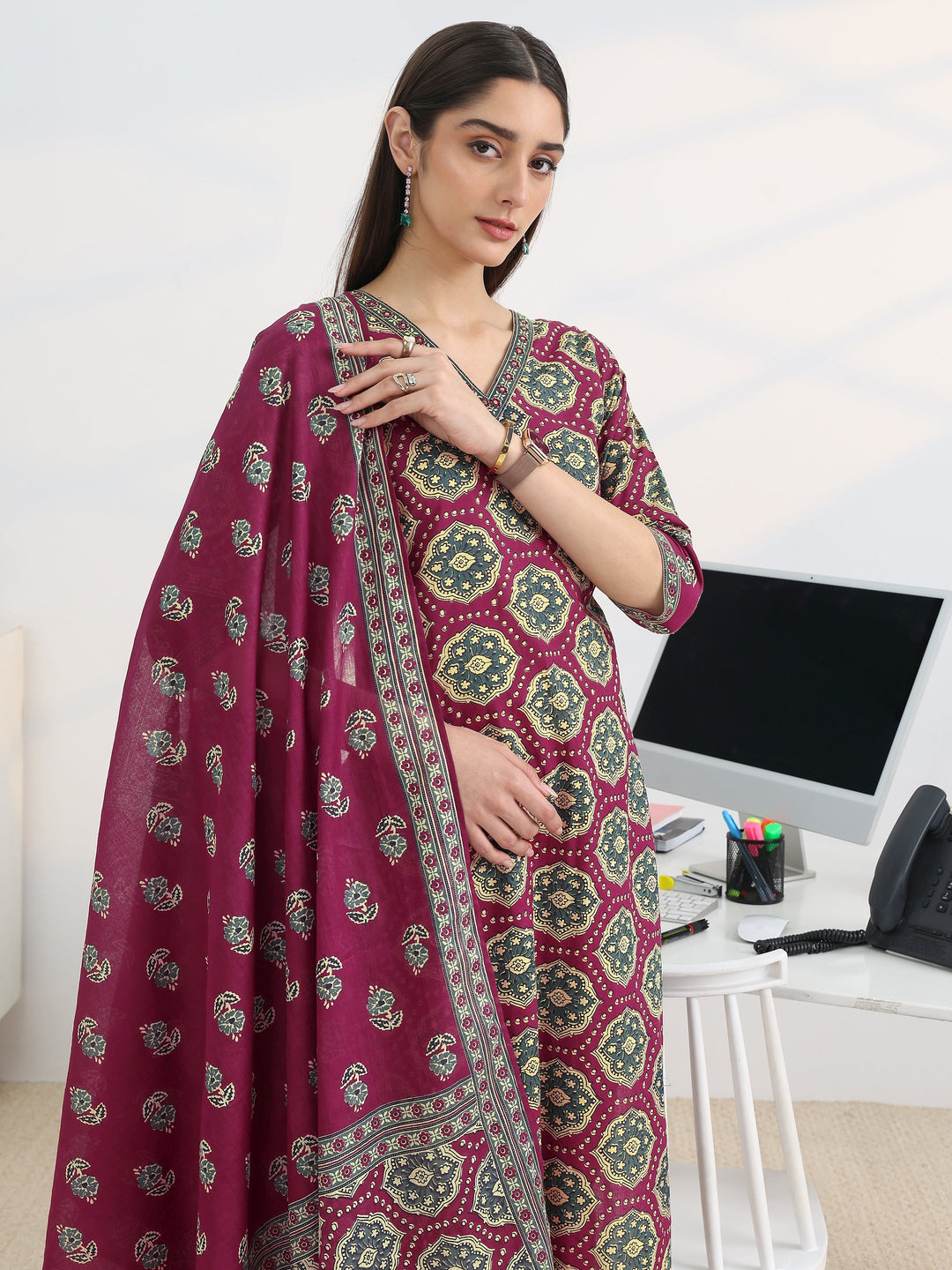 Burgundy Printed Cotton Blend Straight Suit Set With Dupatta
