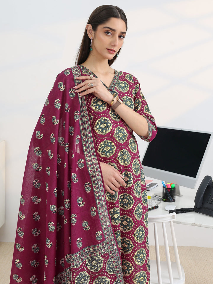 Burgundy Printed Cotton Blend Straight Suit Set With Dupatta