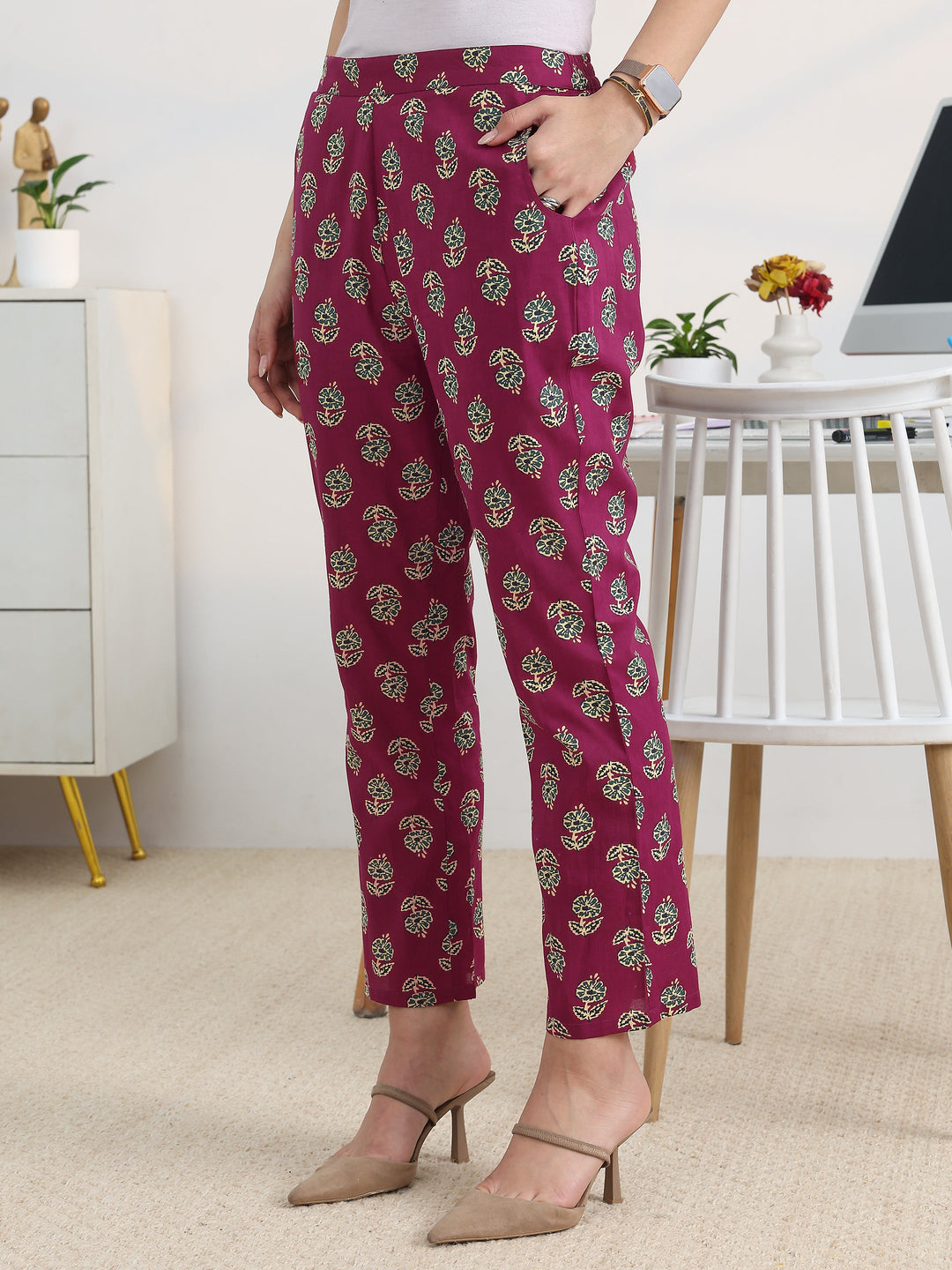 Burgundy Printed Cotton Blend Straight Suit Set With Dupatta