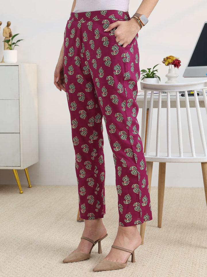 Burgundy Printed Cotton Blend Straight Suit Set With Dupatta