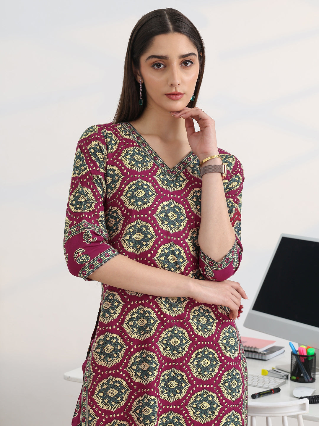 Burgundy Printed Cotton Blend Straight Suit Set With Dupatta