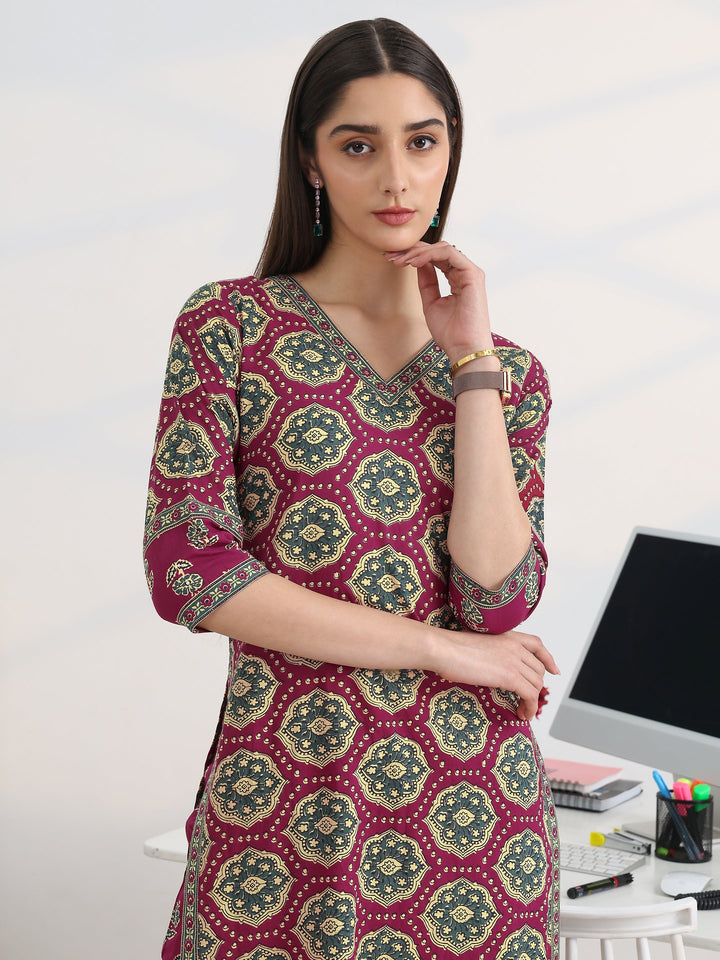 Burgundy Printed Cotton Blend Straight Suit Set With Dupatta