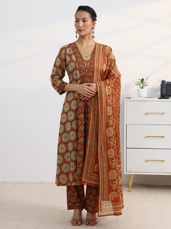 Rust Floral Printed Cotton Blend A-Line Suit Set With Dupatta
