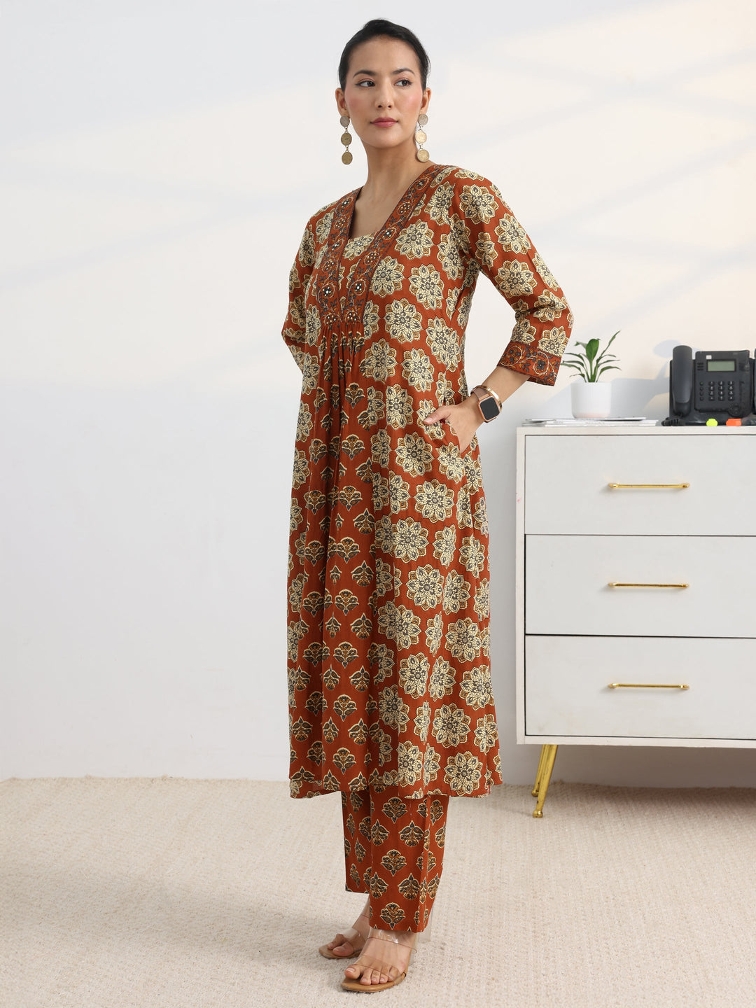 Rust Floral Printed Cotton Blend A-Line Suit Set With Dupatta