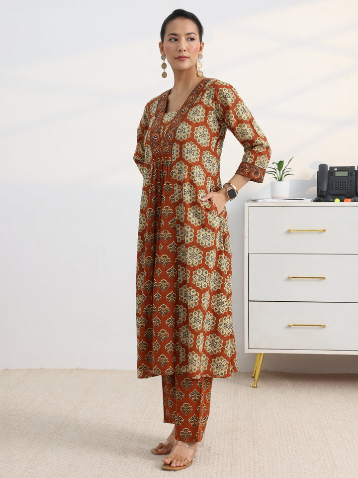 Rust Floral Printed Cotton Blend A-Line Suit Set With Dupatta