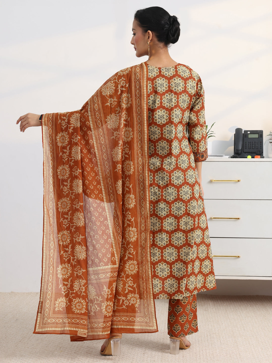 Rust Floral Printed Cotton Blend A-Line Suit Set With Dupatta
