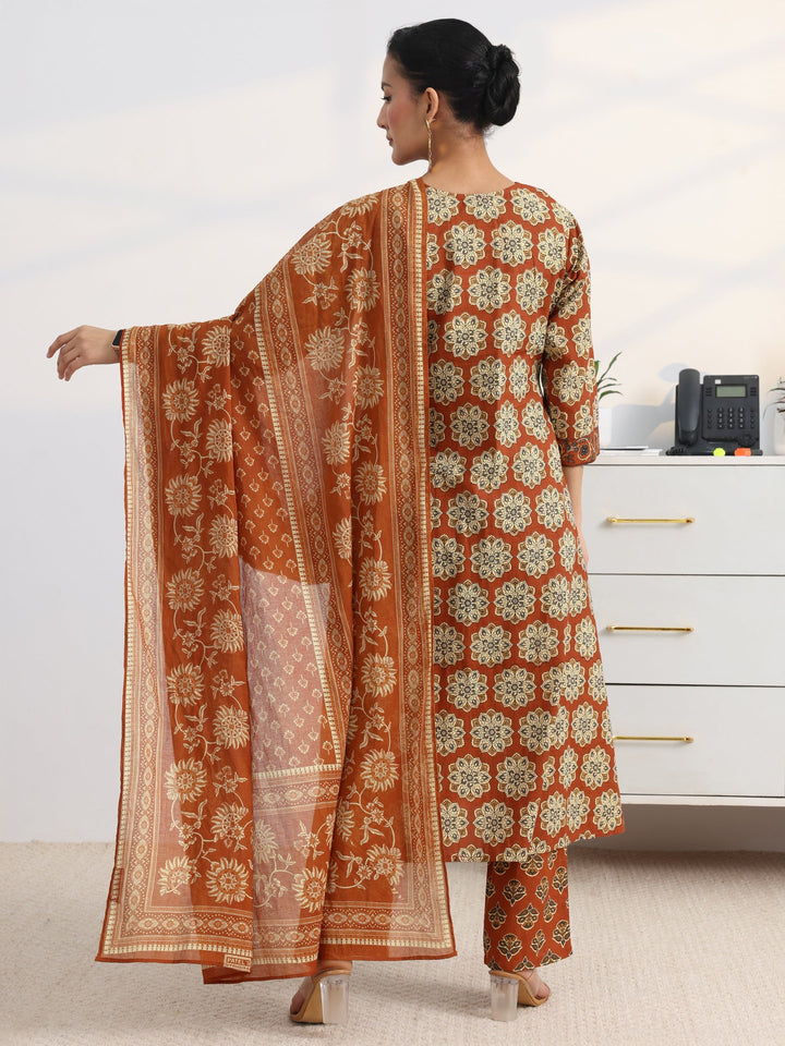 Rust Floral Printed Cotton Blend A-Line Suit Set With Dupatta