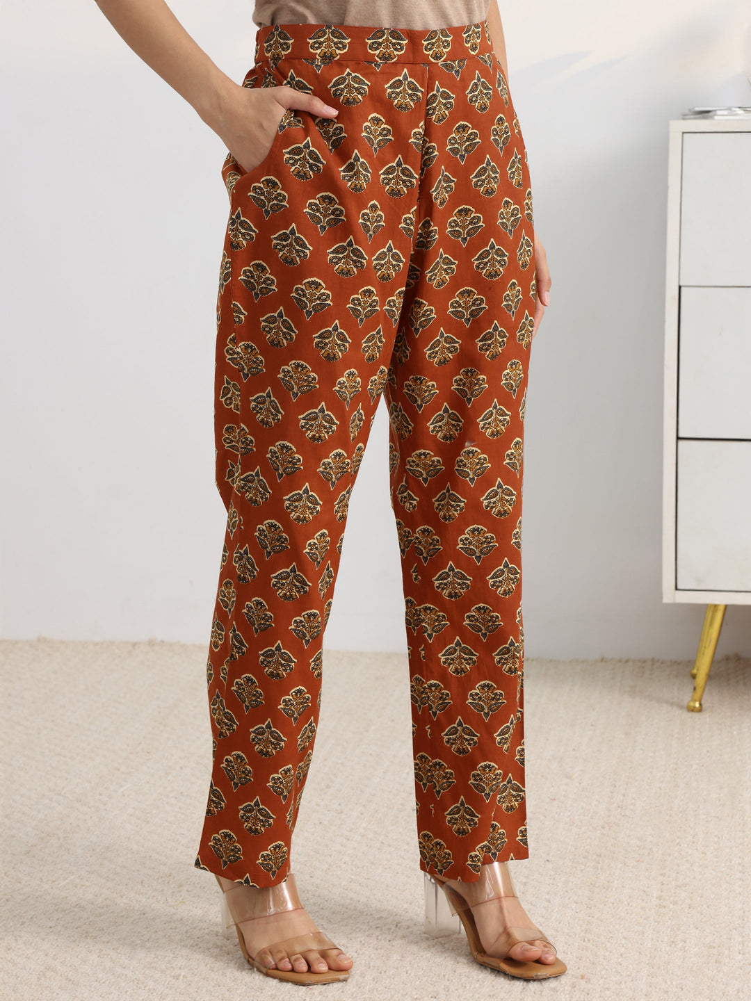 Rust Floral Printed Cotton Blend A-Line Suit Set With Dupatta