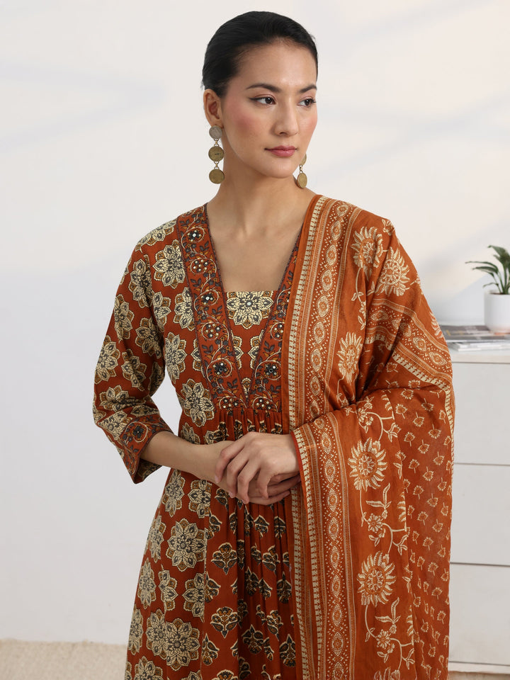 Rust Floral Printed Cotton Blend A-Line Suit Set With Dupatta