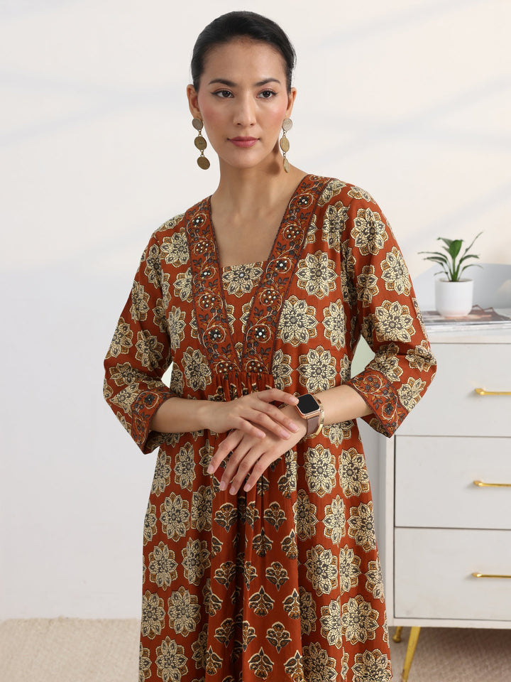Rust Floral Printed Cotton Blend A-Line Suit Set With Dupatta