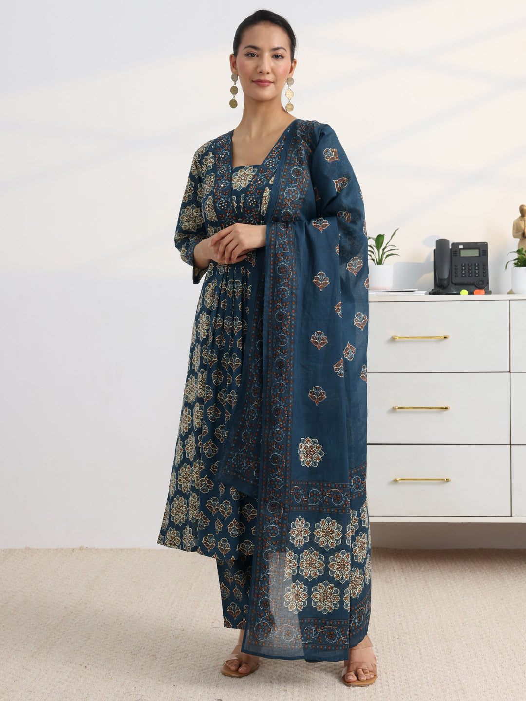 Blue Floral Printed Cotton Blend A-Line Suit Set With Dupatta