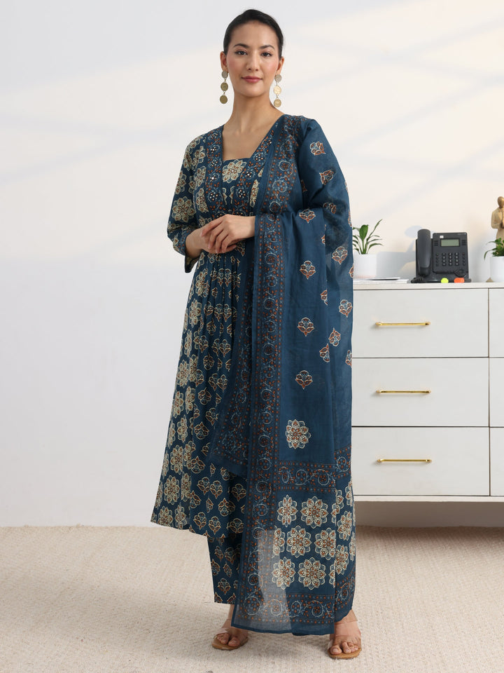 Blue Floral Printed Cotton Blend A-Line Suit Set With Dupatta