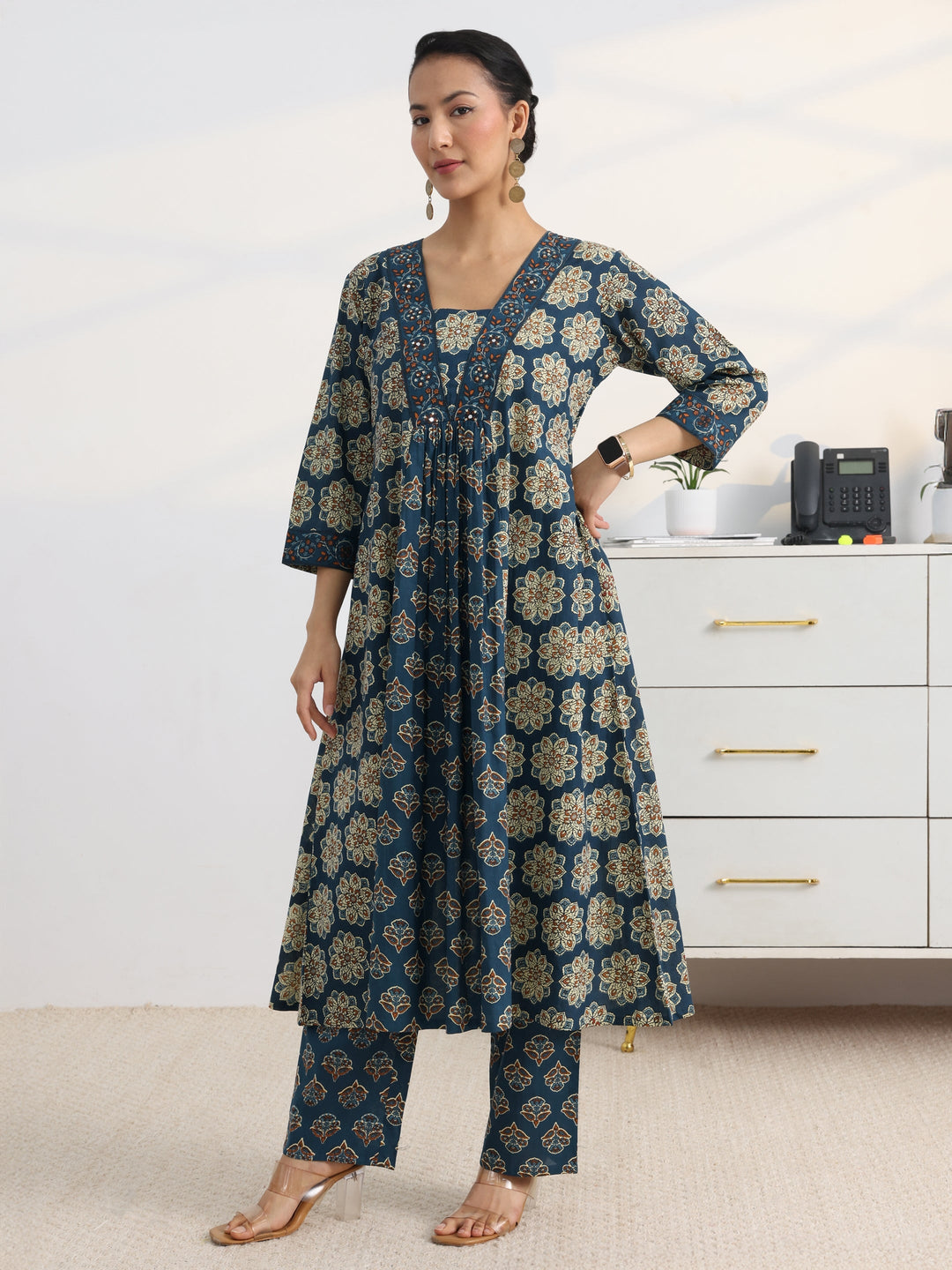 Blue Floral Printed Cotton Blend A-Line Suit Set With Dupatta