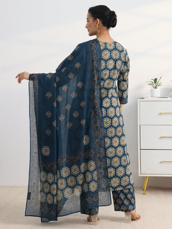 Blue Floral Printed Cotton Blend A-Line Suit Set With Dupatta